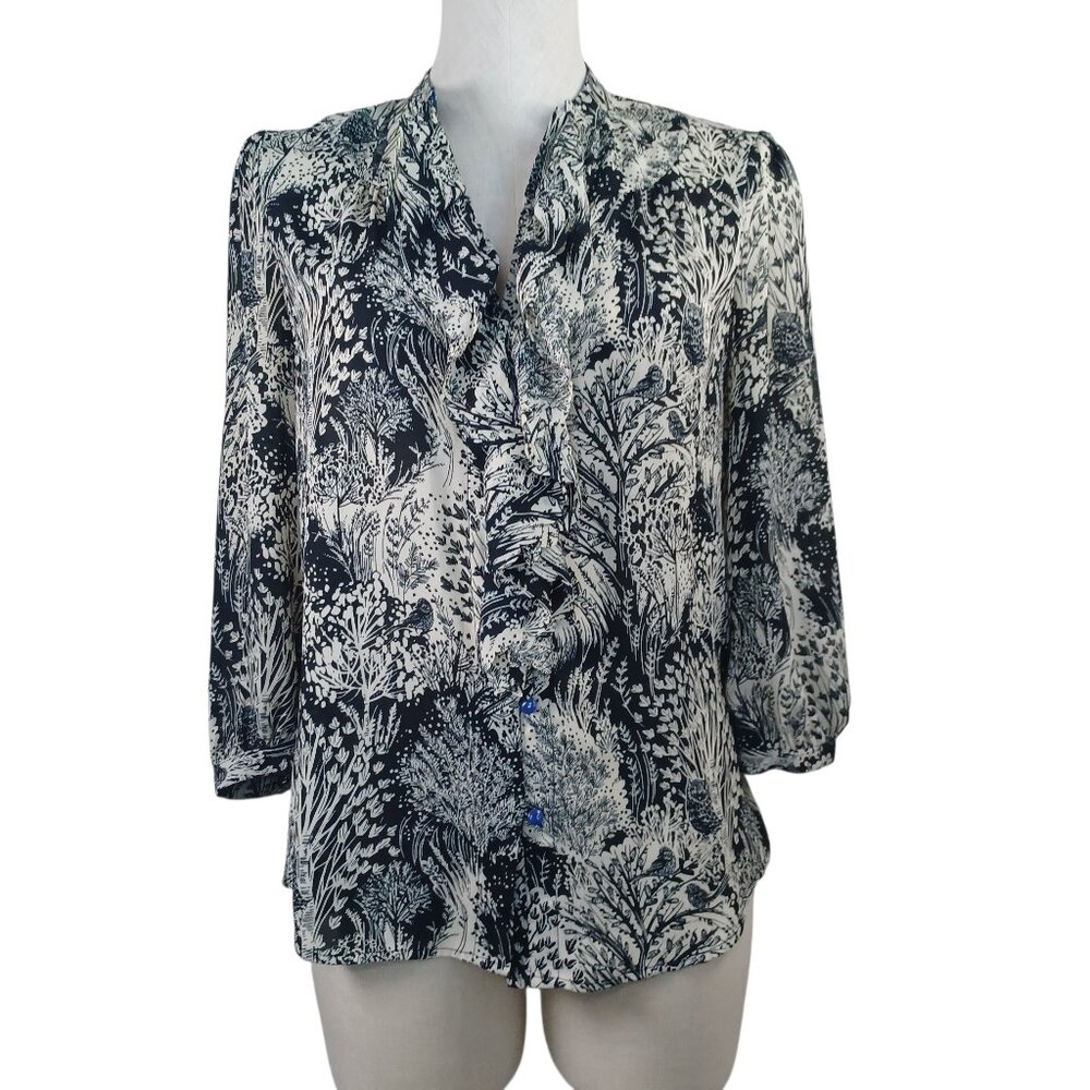 Anthropologie HD in Paris Blouse Picea Black White Ruffle Neck‎ Floral Womens 4